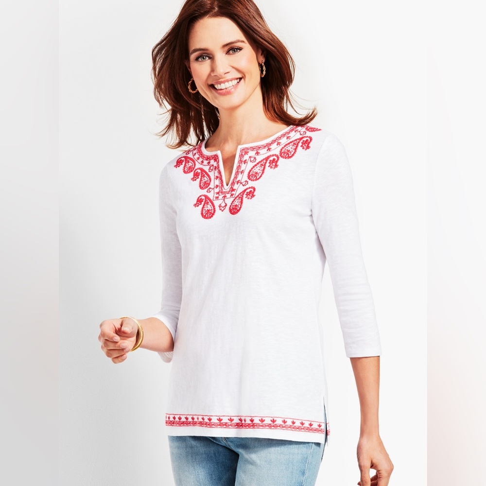 Talbots Paisley Embroidered 3/4-Sleeve Cotton Tunic Women’s XS White